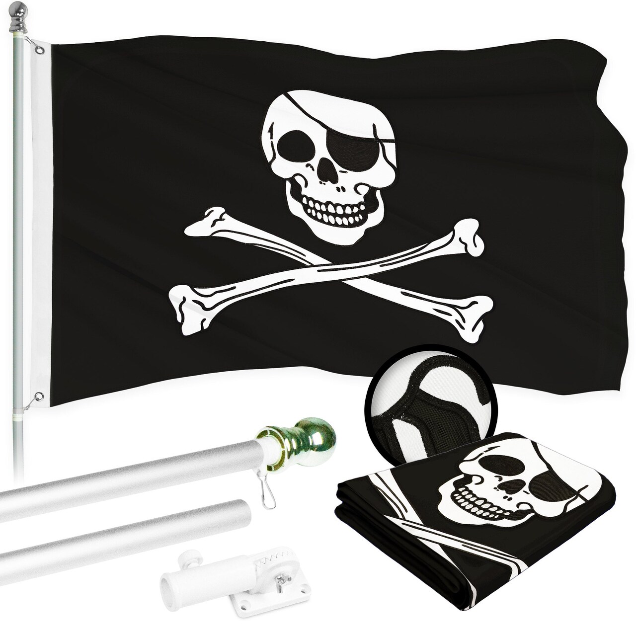 G128 Combo Pack: 5 Ft Tangle Free Aluminum Spinning Flagpole (Silver) & Pirate Jolly Roger Bones Flag 2x3 Ft, ToughWeave Series Embroidered 300D Polyester | Pole with Flag Included